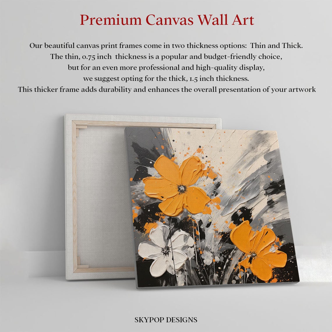 Orange Poppy Flowers Black Gray Splatter Impasto Modern Art Poster - Image 2