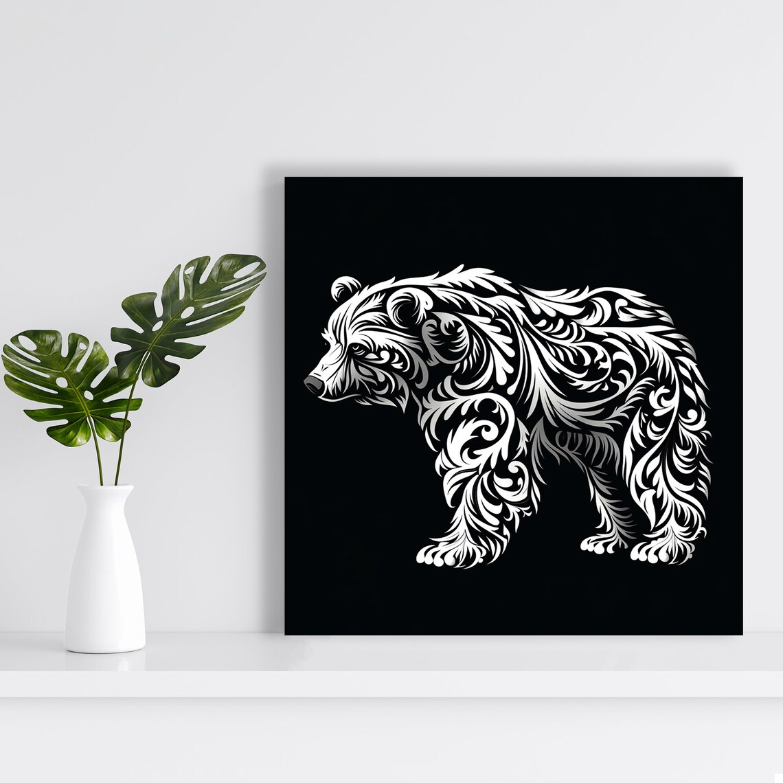 Floral Bear Silhouette White On Black Ornamental Boho Rustic Wall Art Print - Image 2