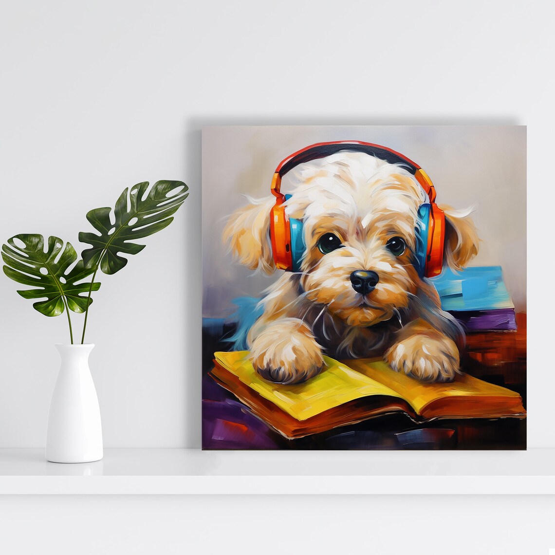 Headphone Puppy Reading Book Cute Oil Painting Dog Nursery Wall Art - Image 2