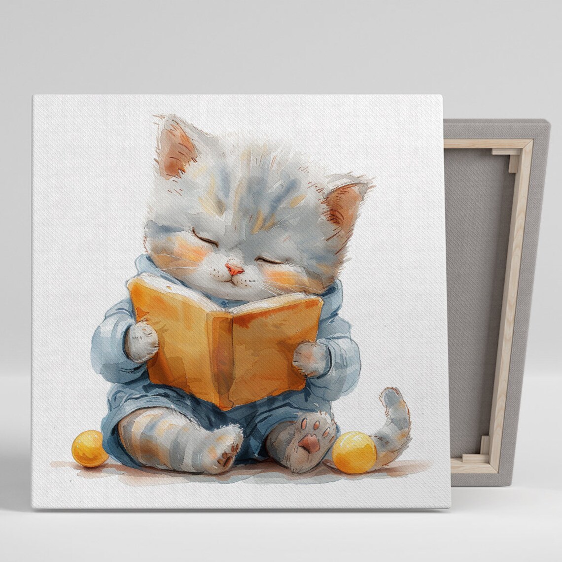 Cozy Reading Kitten, Whimsical Nursery Art Print