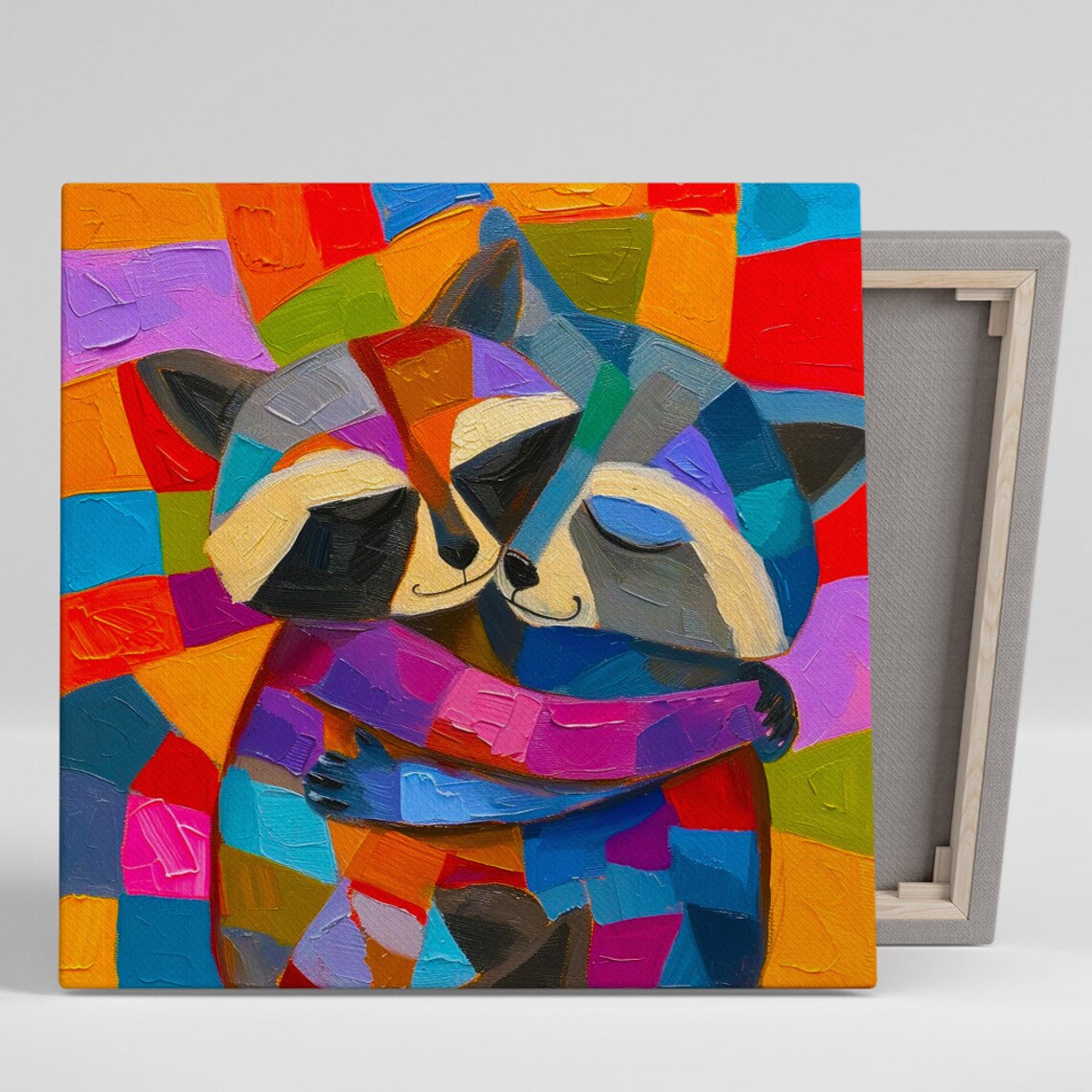 Colorful Geometric Raccoon Hug Vibrant Abstract Pop Animal Art Poster