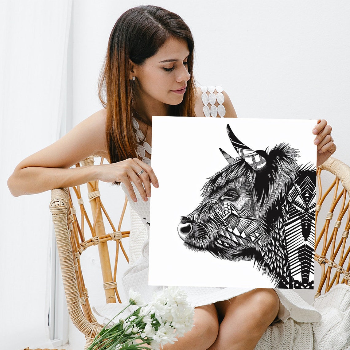 Highland Cow Geometric Line Art Black and White Tribal Poster - Image 3
