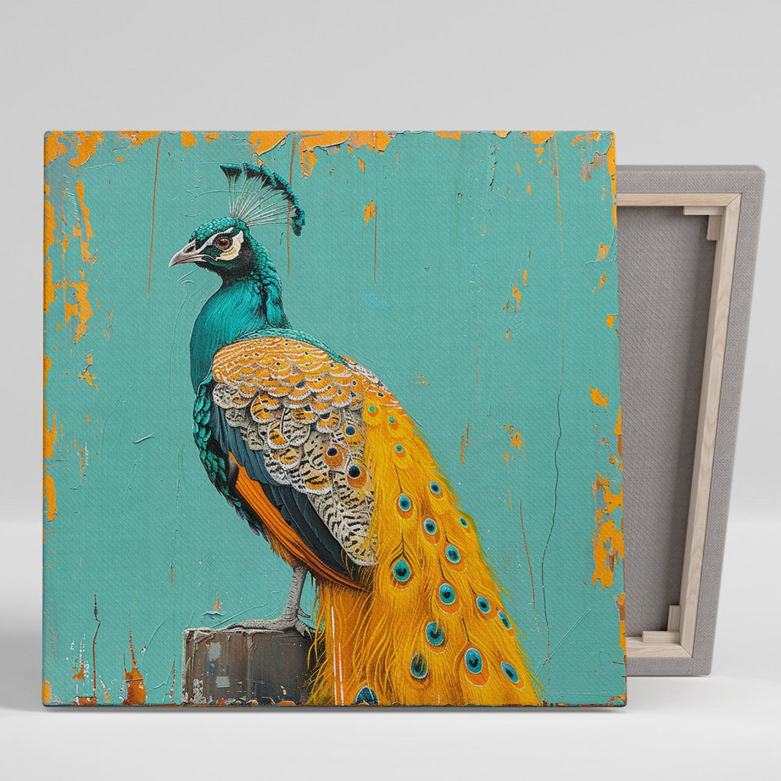 Regal Peacock Golden Tail Feathers Distressed Turquoise Wall Art