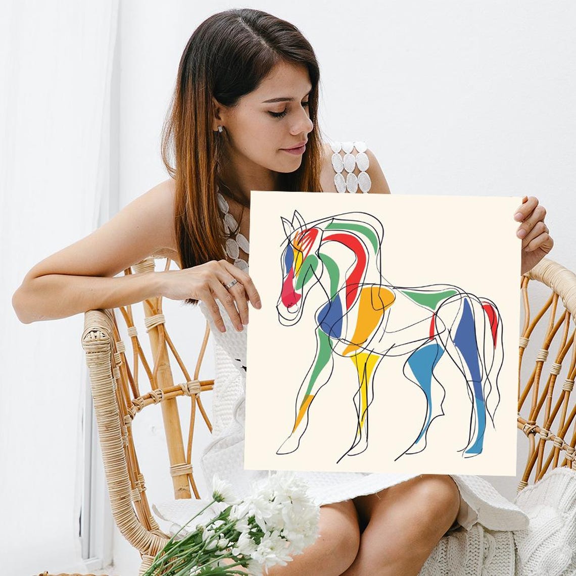 Horse Continuous Line Drawing With Rainbow Color Blocks Art Poster - Image 3