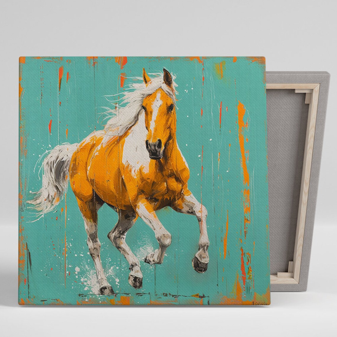 Galloping Palomino Horse Teal Background Rustic Energy Animal Poster