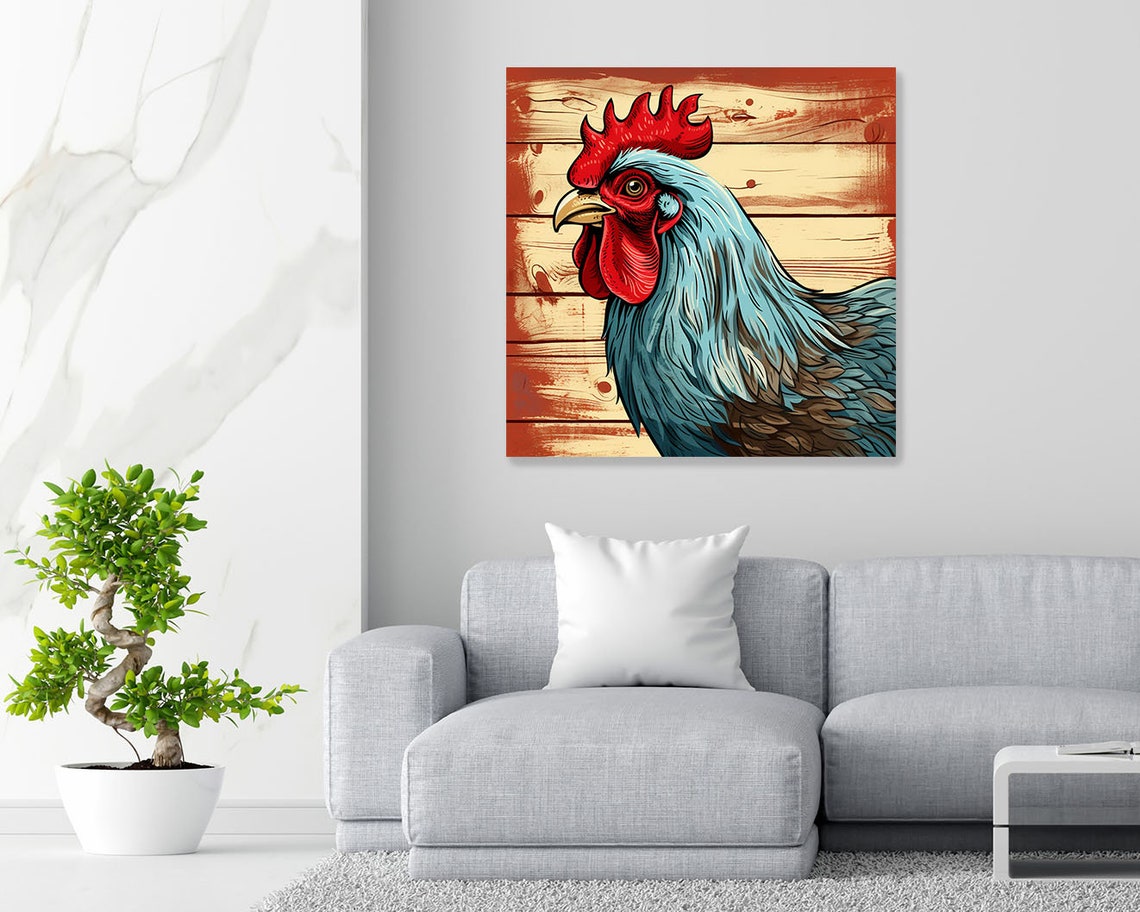 Rooster Portrait Red Comb Blue Feathered Rustic Wood Wall Poster - Image 2