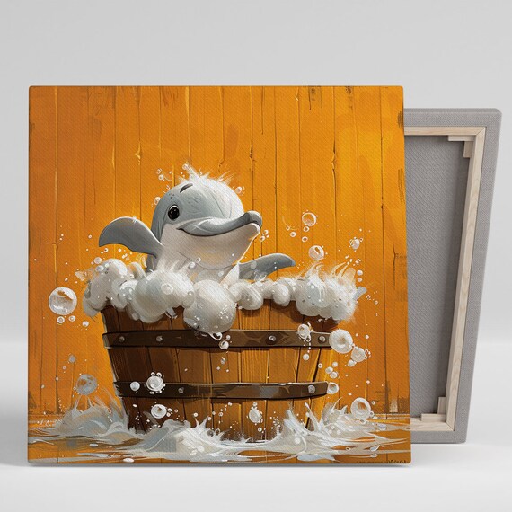Bubbly Dolphin Art Or Poster Whimsical Animal Decor Childrens Room Nursery Bathroom Wall Art Orange Grey White Brown Minimalist