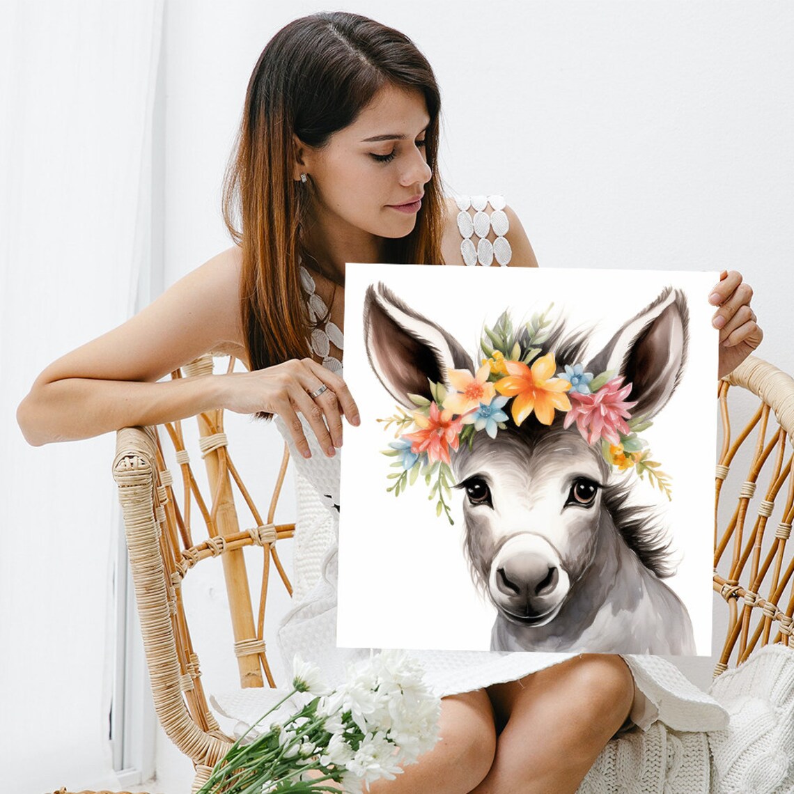 Floral Crown Donkey Farmhouse Living Room Art Print - Image 3
