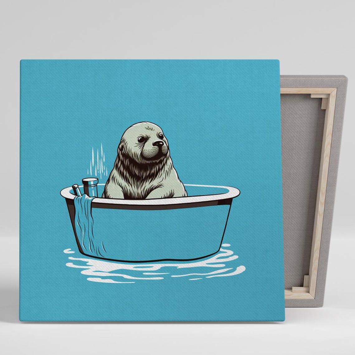 Seal Relaxing in Bathtub Whimsical Blue Vintage Animal Bathroom Poster