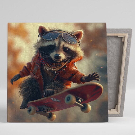 Skateboarding Raccoon Sunglasses Leather Jacket Fun Wall Art Poster