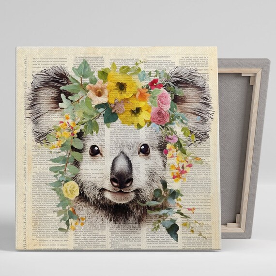Gentle Koala With Floral Crown on Vintage Newspaper Collage Poster