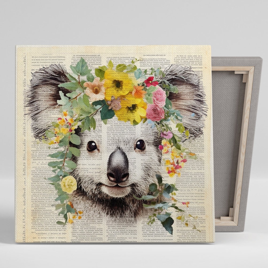 Gentle Koala With Floral Crown on Vintage Newspaper Collage Poster