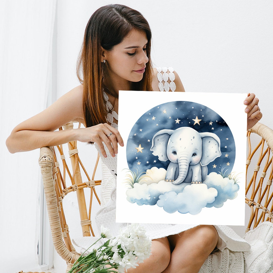 Baby Elephant on Clouds Starry Night Sky Nursery Dreams Wall Poster - Image 3