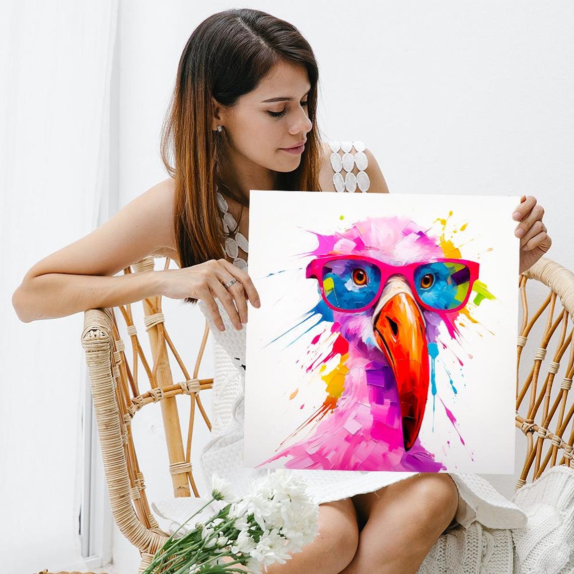 Pink Flamingo Wearing Neon Sunglasses Splash Art Whimsical Poster - Image 3