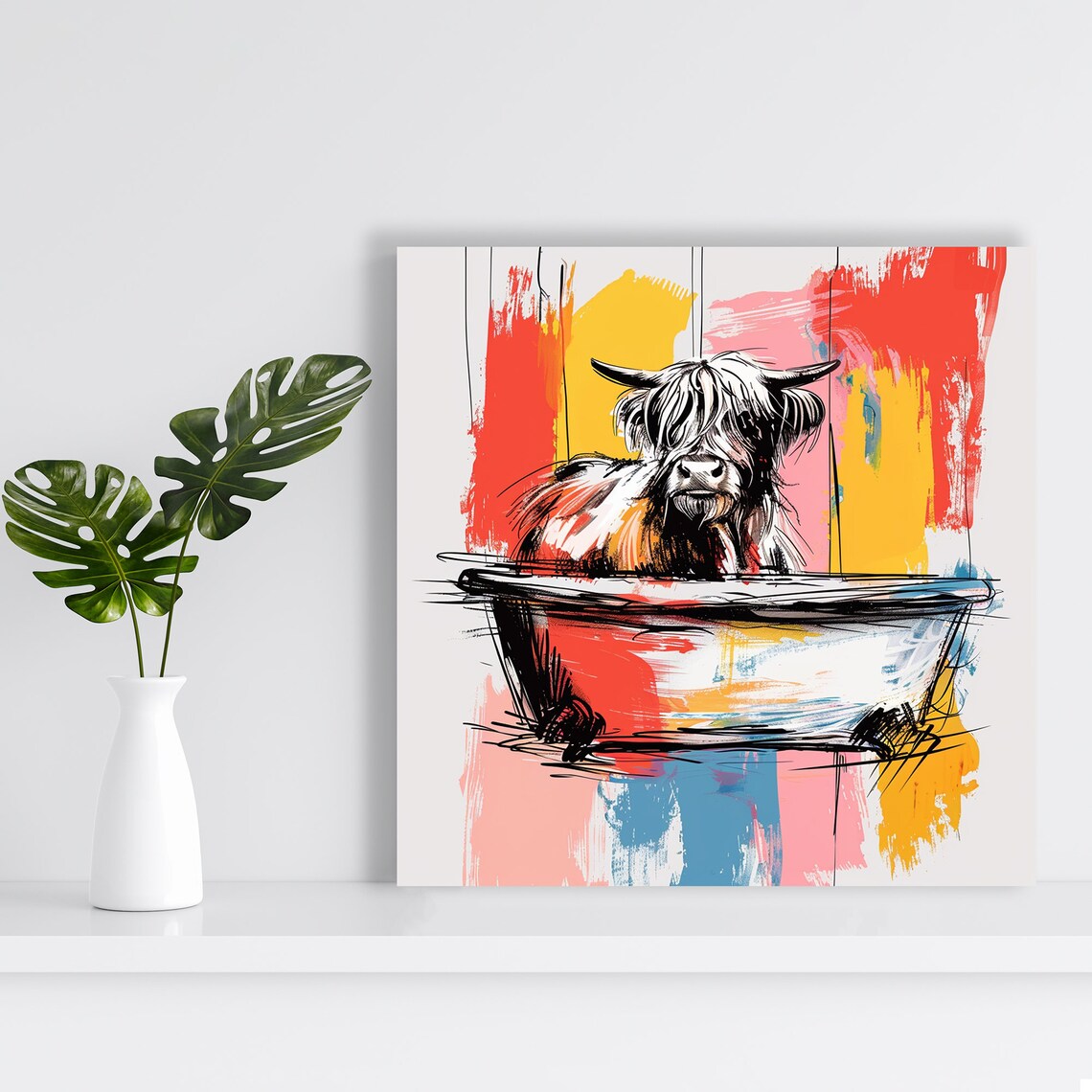 Highland Cow In Bathtub Sketch Watercolor Fun Bathroom Art Poster - Image 2
