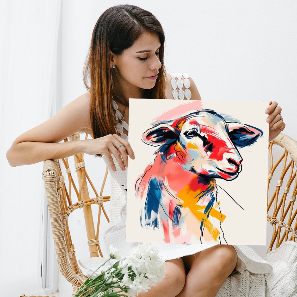 Colorful Sheep Portrait Red Blue Yellow Abstract Farm Wall Art Poster - Image 3