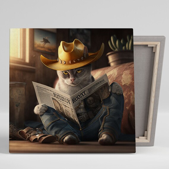 Cowboy Cat Reading Newspaper Western Hat Jeans Funny Animal Poster
