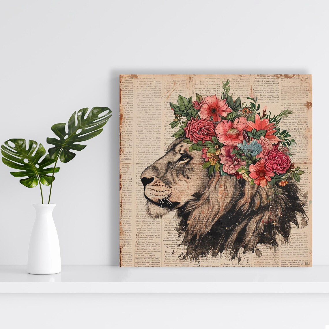 Floral Crown Lion, Vintage Bohemian Art Print - Image 2