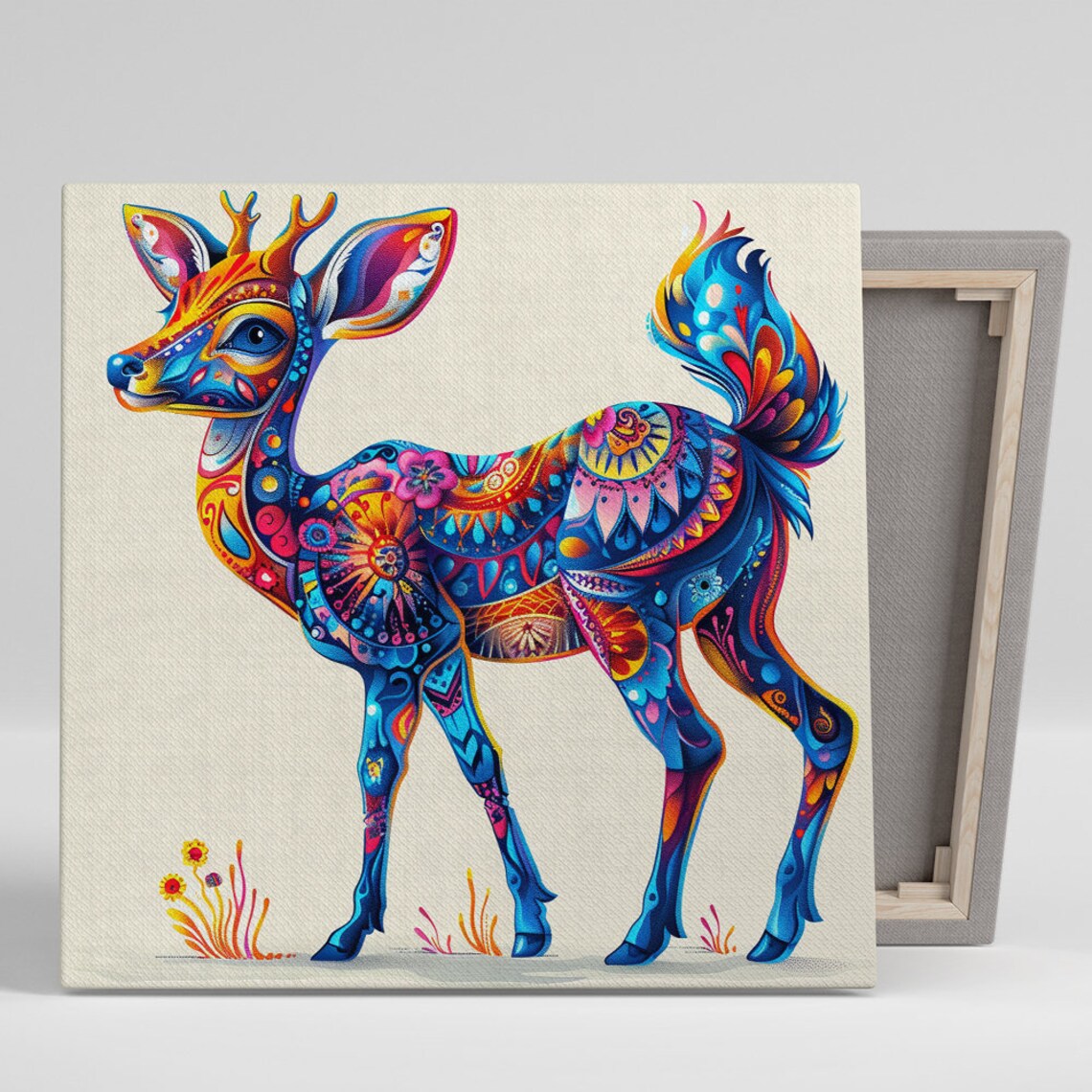 Kaleidoscope Deer With Ornate Mandala Patterns Blue Orange Eclectic Poster