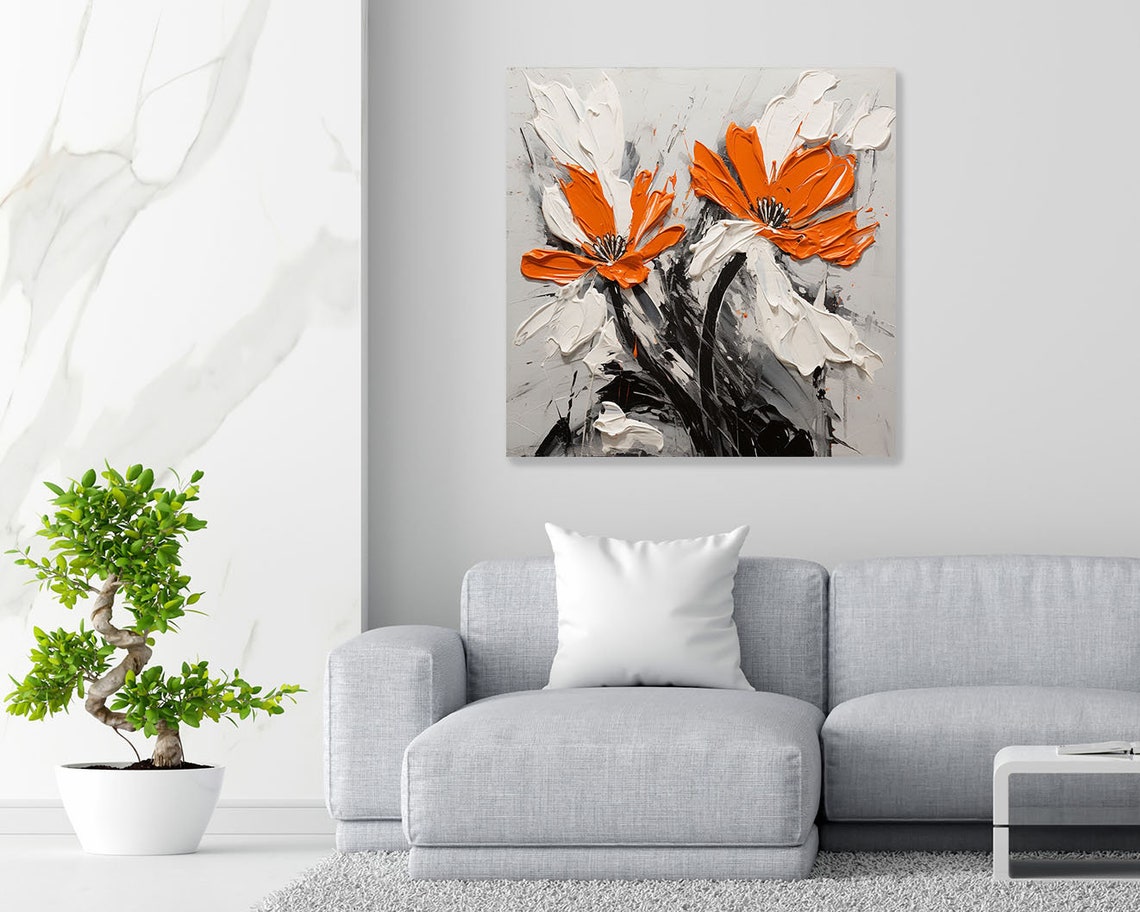 Orange White Poppy Flowers Impasto Abstract Modern Art Wall Poster - Image 2