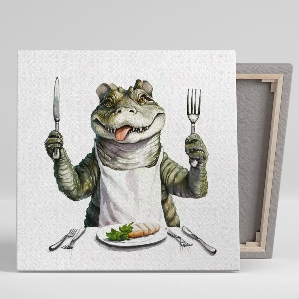 Crocodile Chef Holding Knife Fork Watercolor Funny Kitchen Wall Poster