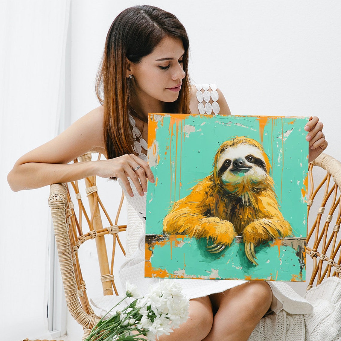 Sloth Peeking Over Ledge Turquoise Orange Bohemian Style Wall Art - Image 3