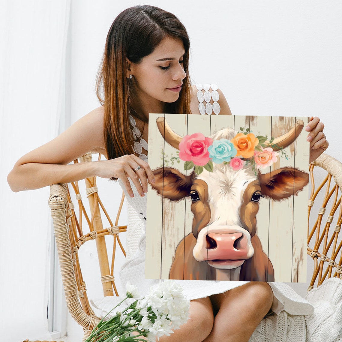 Smiling Cow With Flower Crown Cute Farmhouse Floral Cow Canvas Poster - Image 5