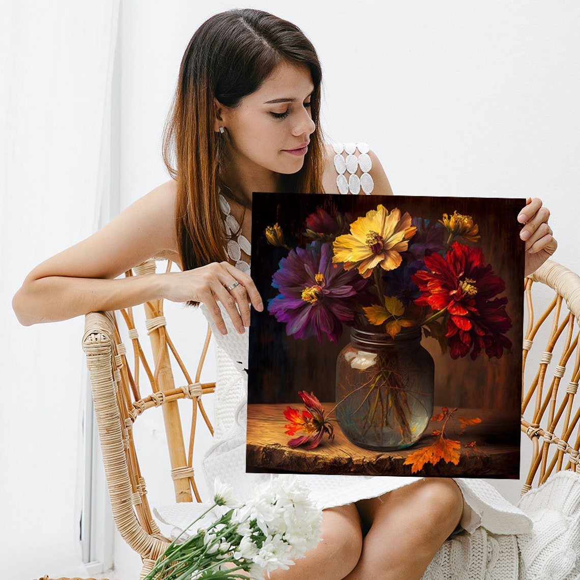 Autumn Flowers In Glass Mason Jar Moody Fall Floral Still Life Poster - Image 5