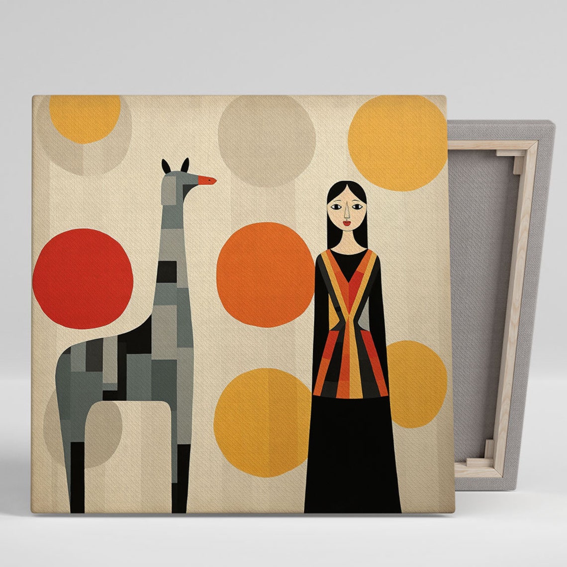 Geometric Woman With Long Necked Animal Warm Sun Circles Art Poster