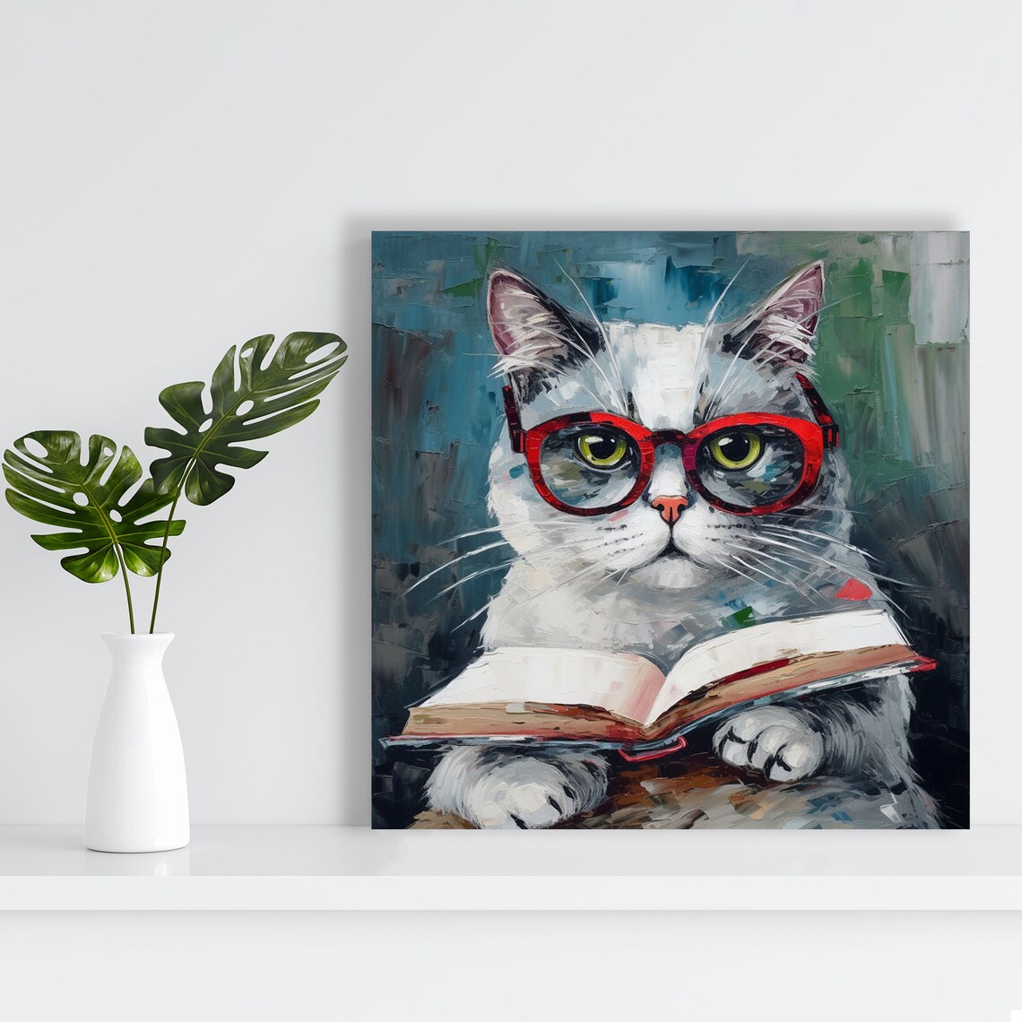 Cat With Red Glasses Reading Book Funny Scholar Cat Portrait Wall Poster - Image 3