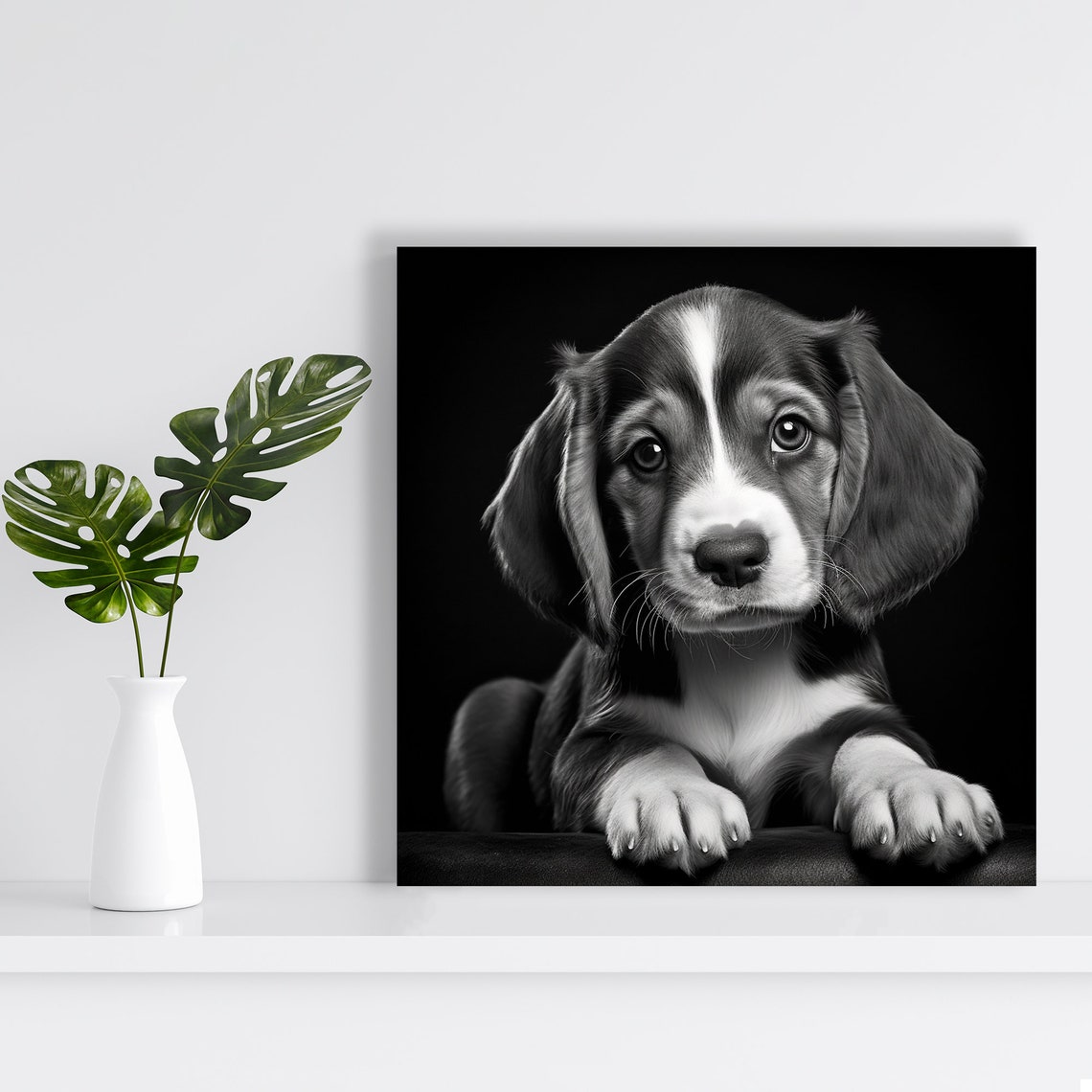 Beagle Puppy Black White Portrait Cute Rustic Farmhouse Decor Poster - Image 2