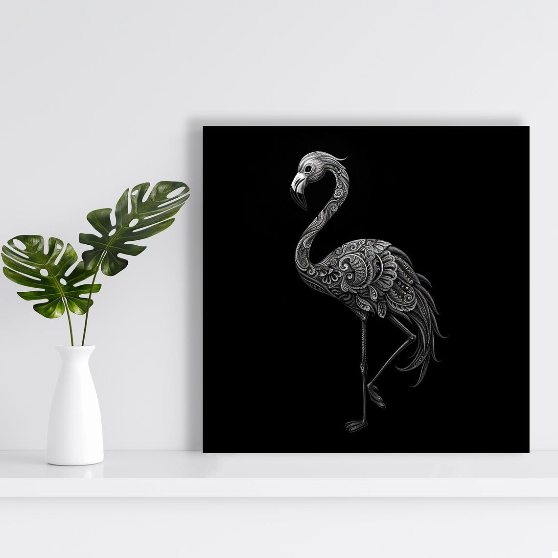 Flamingo White Line Art Black Background Minimalist Elegant Art Poster - Image 2