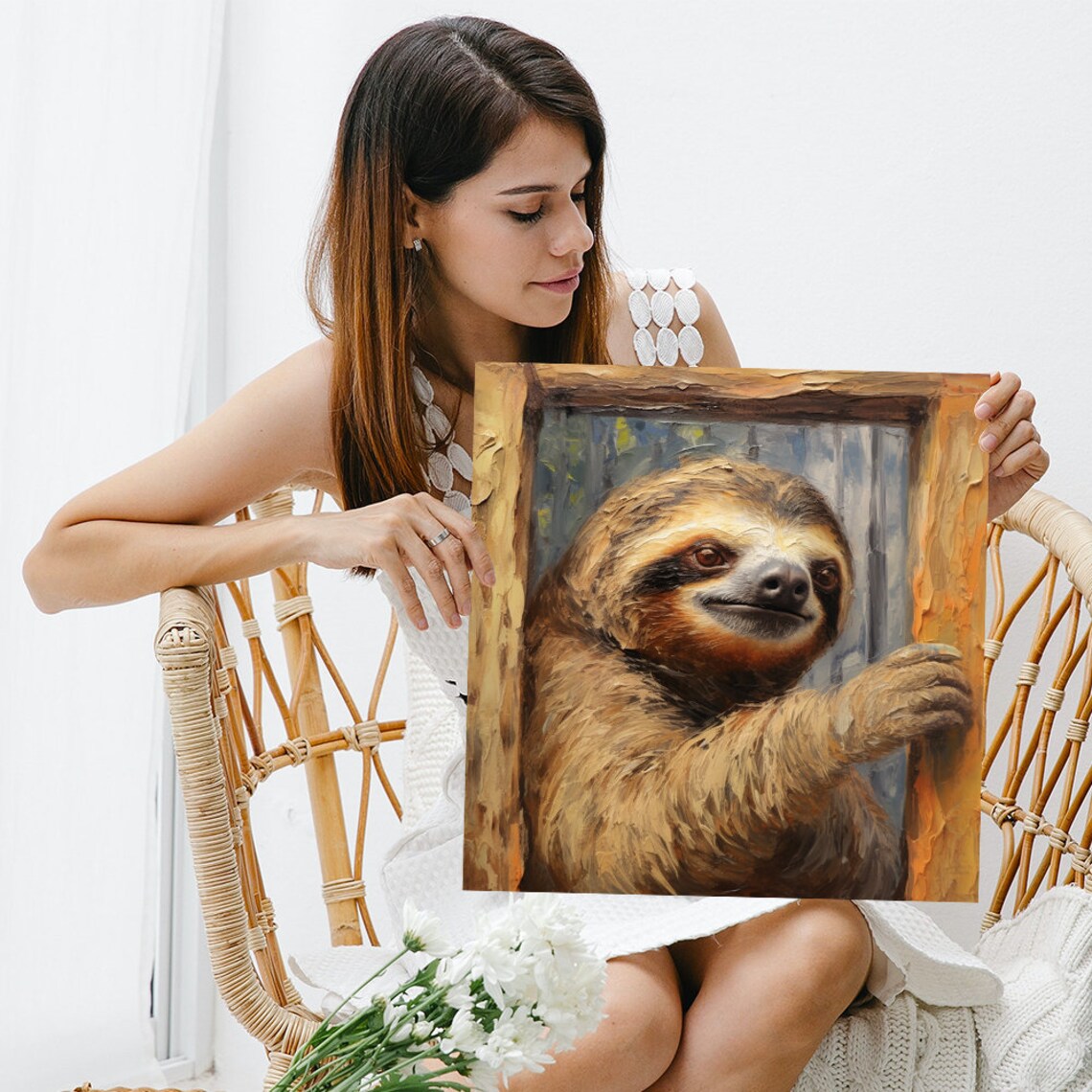 Sloth Oil Painting Wooden Frame Warm Brown Portrait Cozy Animal Wall Art - Image 3