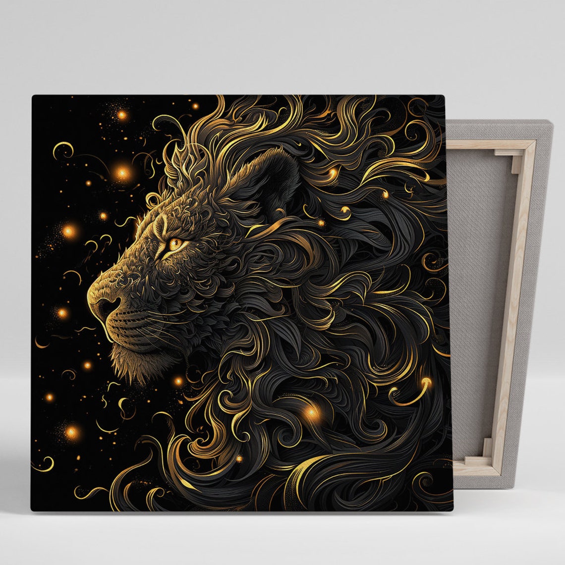 Celestial Golden Lion Swirl Black Background Majestic Wall Art Poster