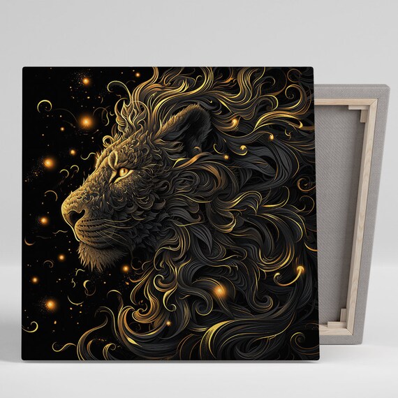 Celestial Golden Lion Swirl Black Background Majestic Wall Art Poster