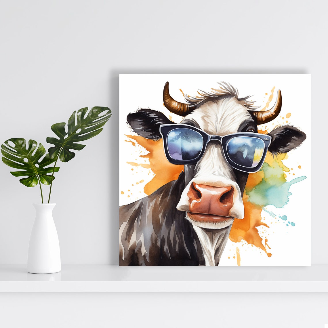 Cool Cow Wearing Sunglasses Watercolor Splash Funny Farm Animal Poster - Image 2