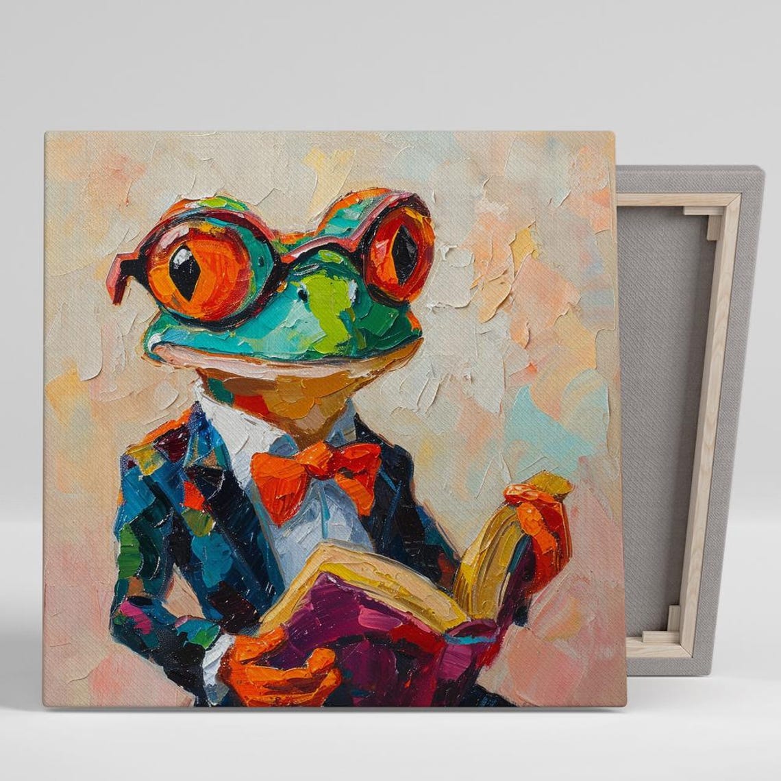 Frog Professor In Glasses Bow Tie Holding Book Colorful Oil Poster