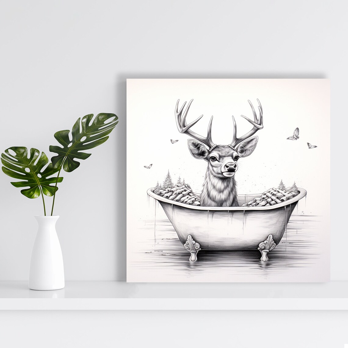 Deer Relaxing In Clawfoot Bathtub Black White Pencil Sketch Funny Art Print - Image 2