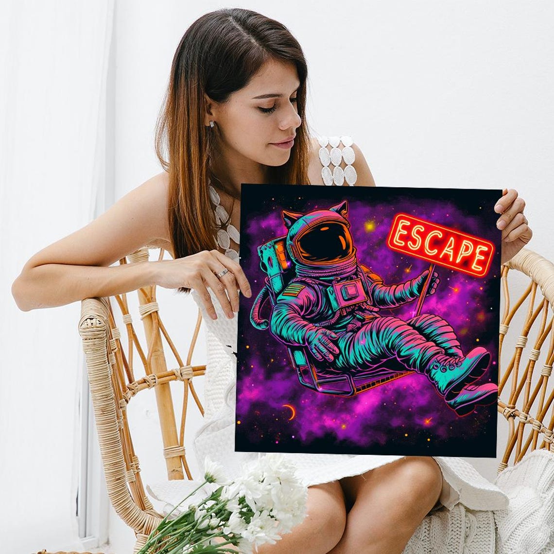 Cat Astronaut Neon Escape Sign Purple Galaxy Pop Retro Space Poster - Image 3