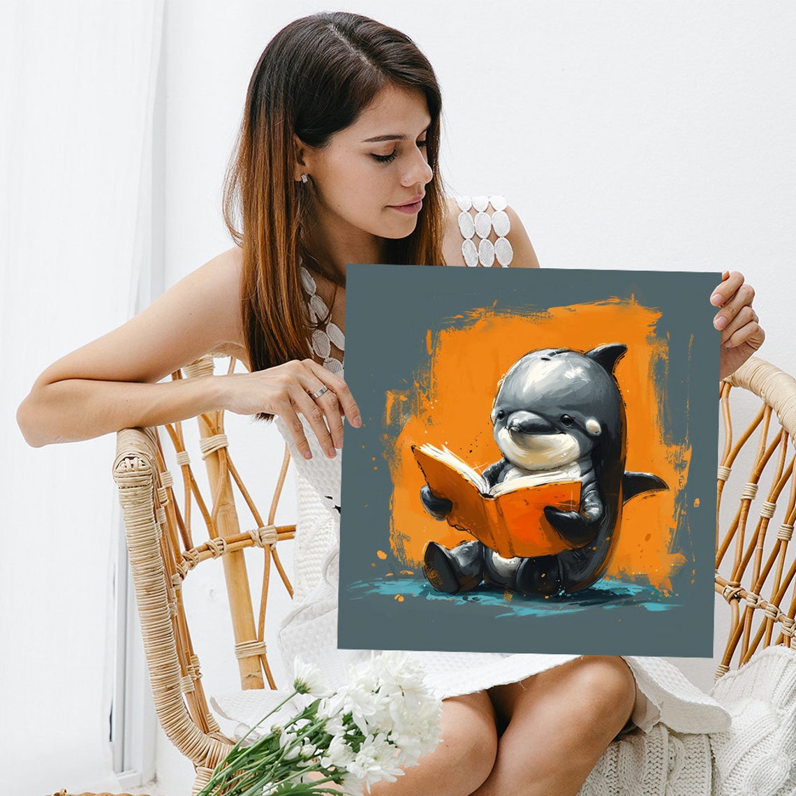 Baby Dolphin Reading Orange Book Teal Background Cute Ocean Art Poster - Image 3