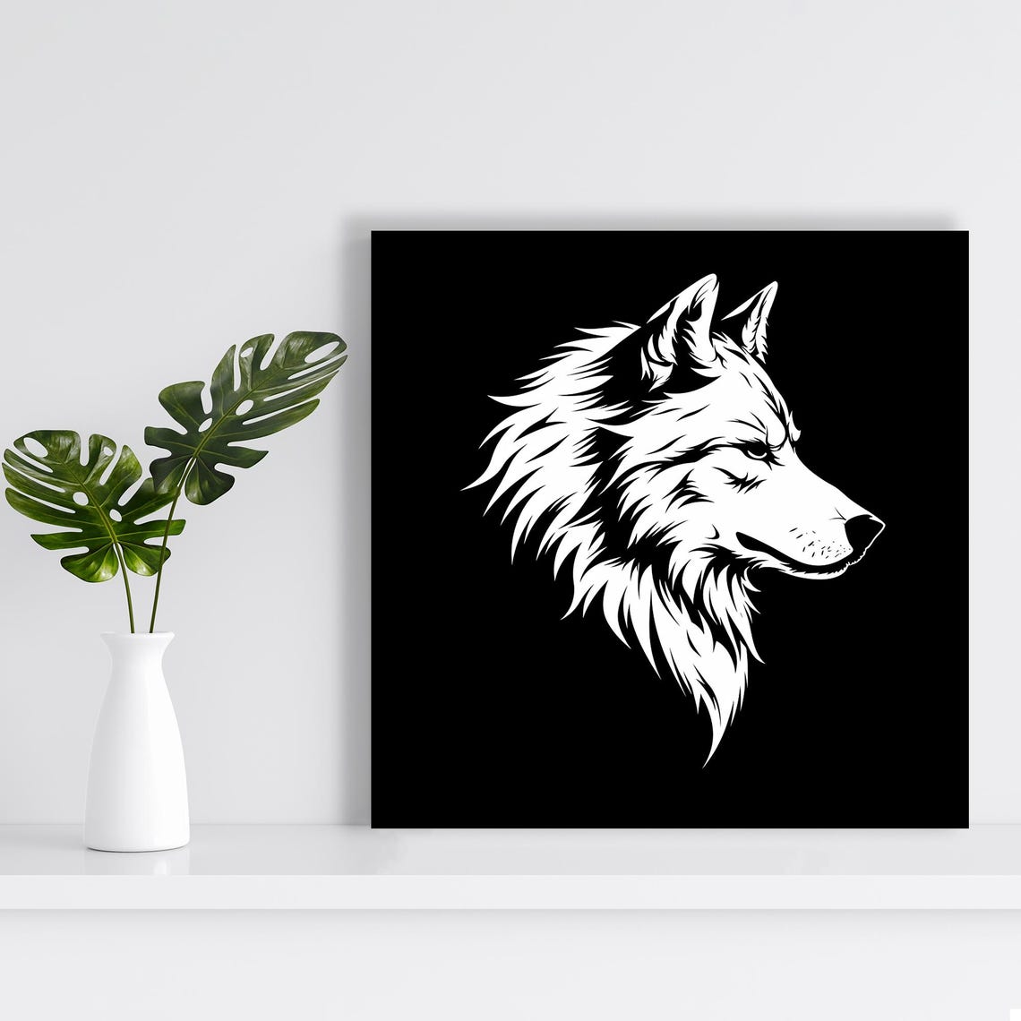 White Wolf Head Silhouette Bold Vector Wall Art On Black Poster - Image 2