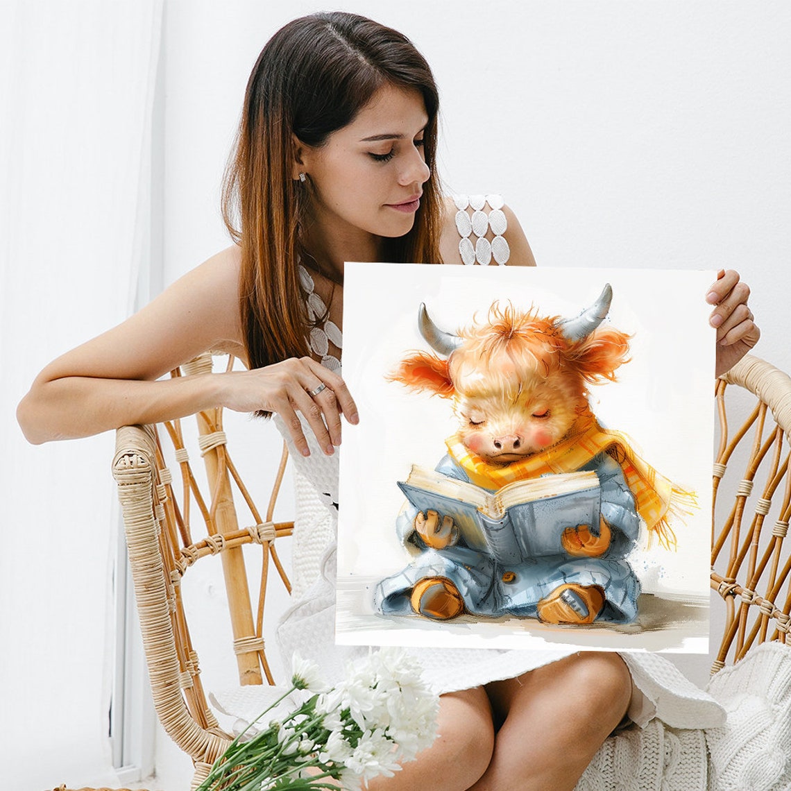 Highland Cow Reading Book Cozy Scarf Cute Farm Animal Wall Art Poster - Image 3