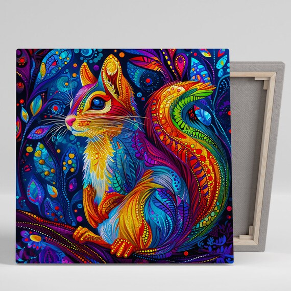 Psychedelic Rainbow Squirrel Vibrant Neon Tribal Art Poster for Teens