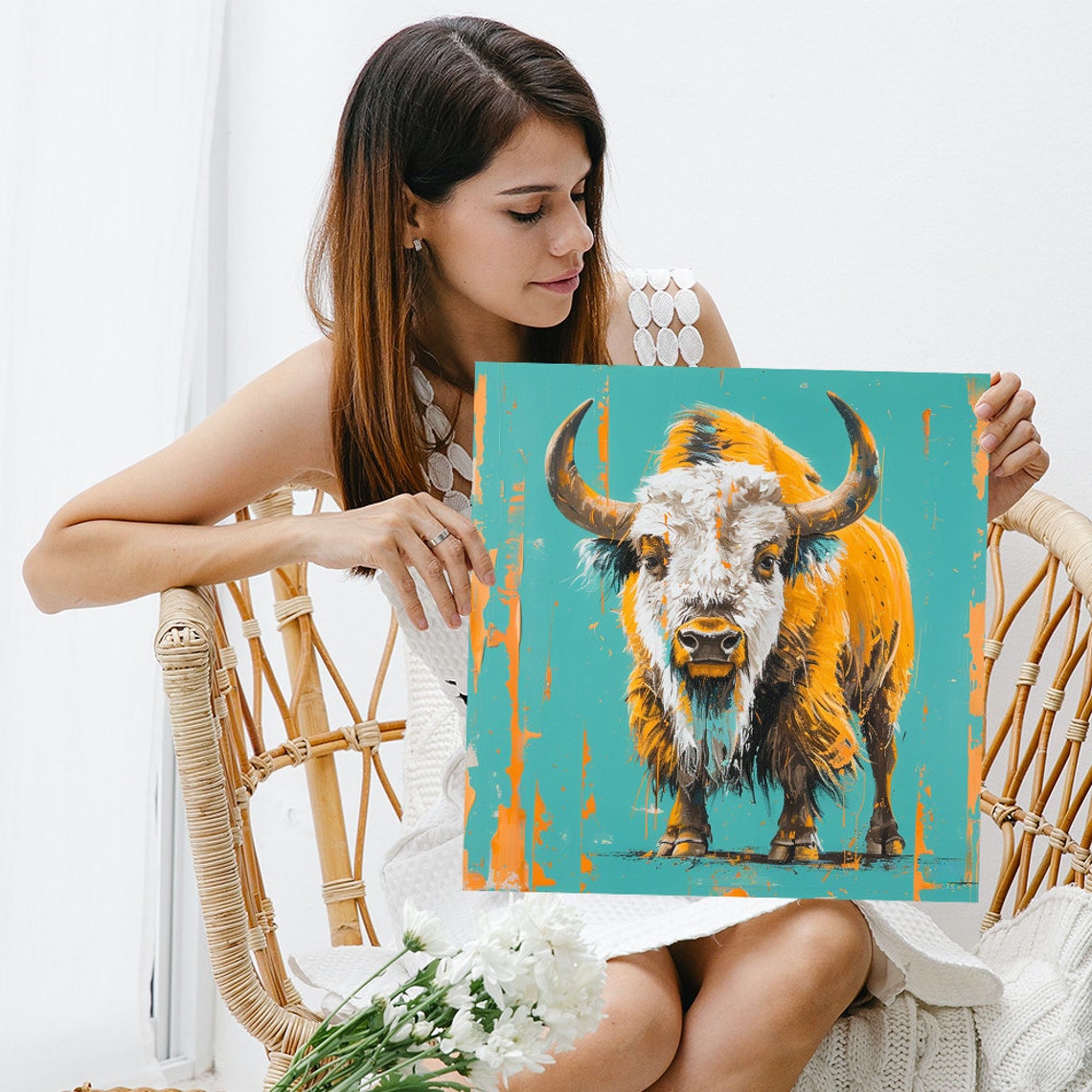 Highland Cow Portrait Teal Background Golden Shaggy Coat Animal Poster - Image 3