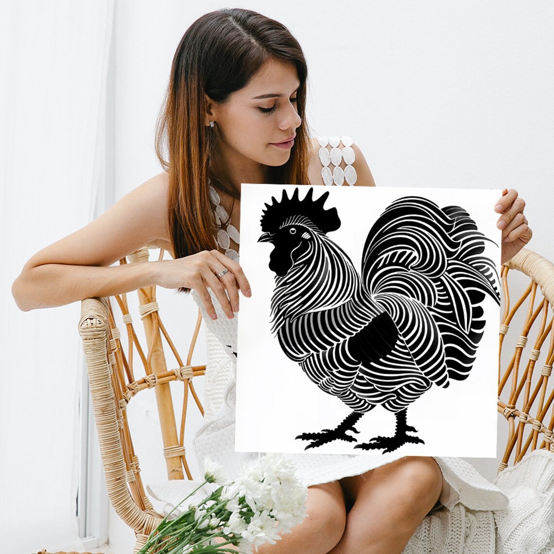Zebra Striped Rooster Minimalist Animal Art Print - Image 3