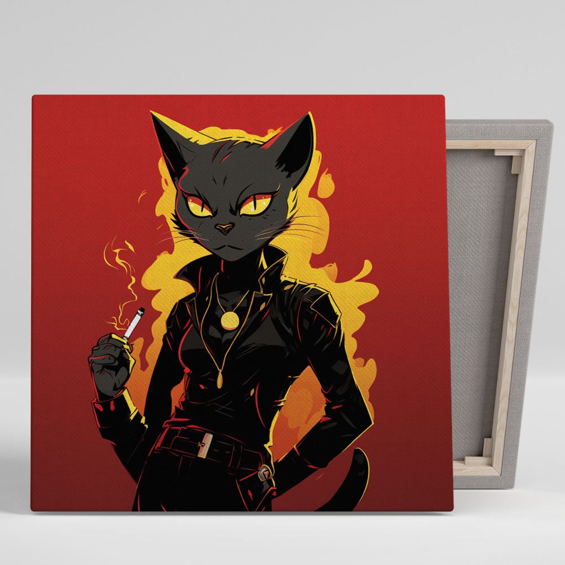 Rebel Black Cat In Leather Jacket Red Background Anime Wall Art Poster