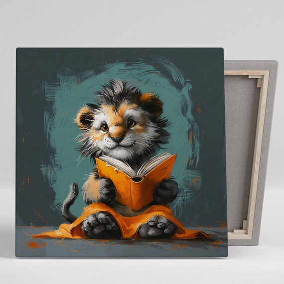 Kitten Reading Book Poster Cozy Orange Library Whimsical Cat Decor