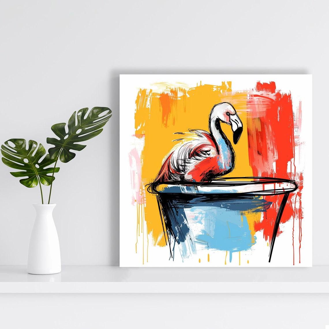 Flamingo Bathing Blue Tub Orange Splash Whimsical Bathroom Wall Poster - Image 2