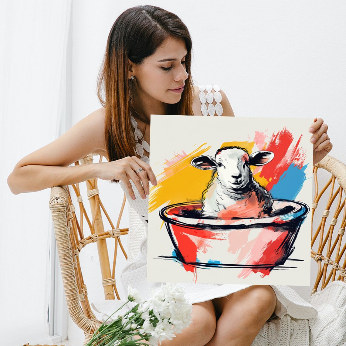 Sheep in Colorful Paint Tub Whimsical Farmhouse Animal Portrait Poster - Image 3