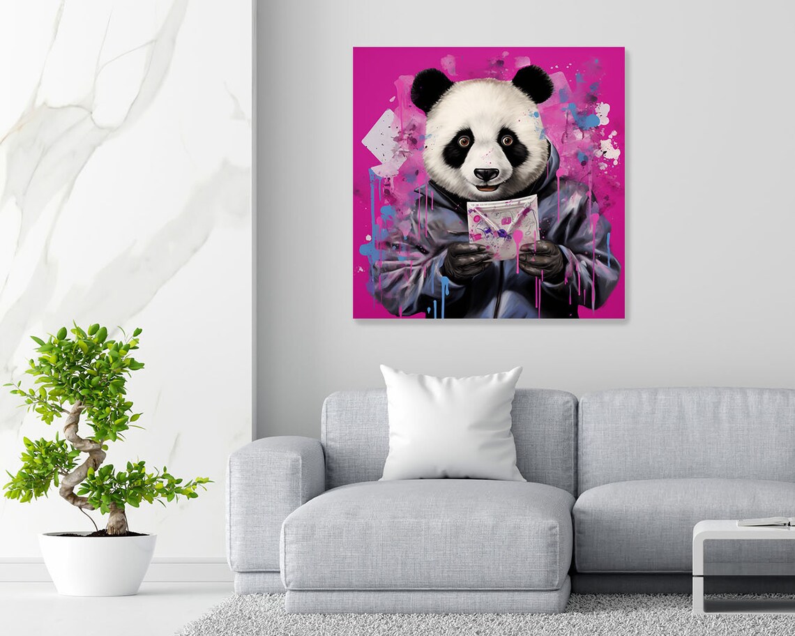 Panda Hoodie Envelope Hot Pink Graffiti Splatter Fun Animal Wall Poster - Image 2